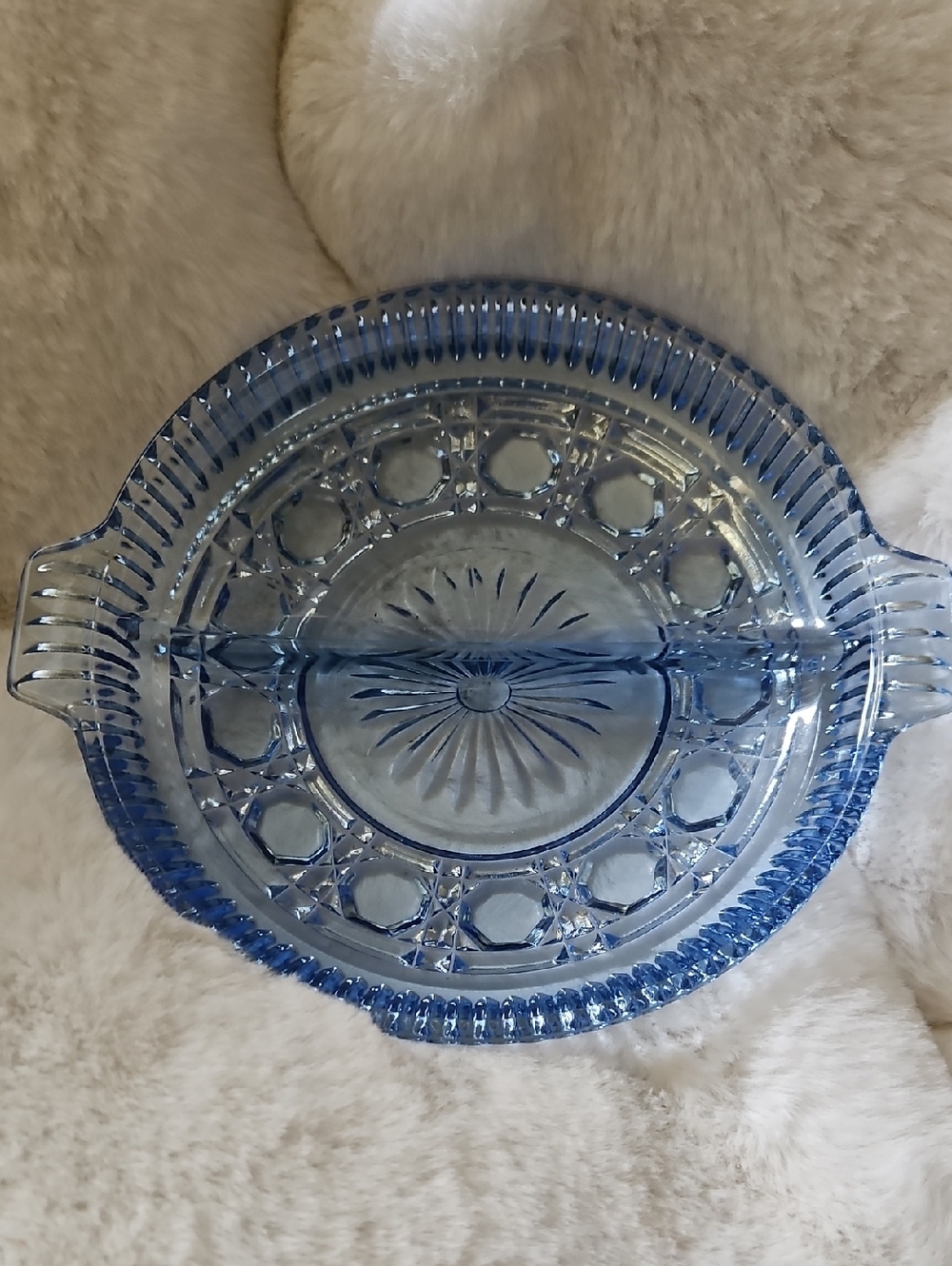 Vintage Blue Pressed Glass Divided Serving Dish